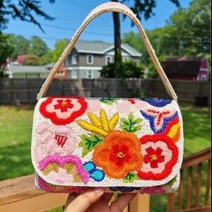 Embroidered Floral Beaded Shoulder Bag - Multicolor